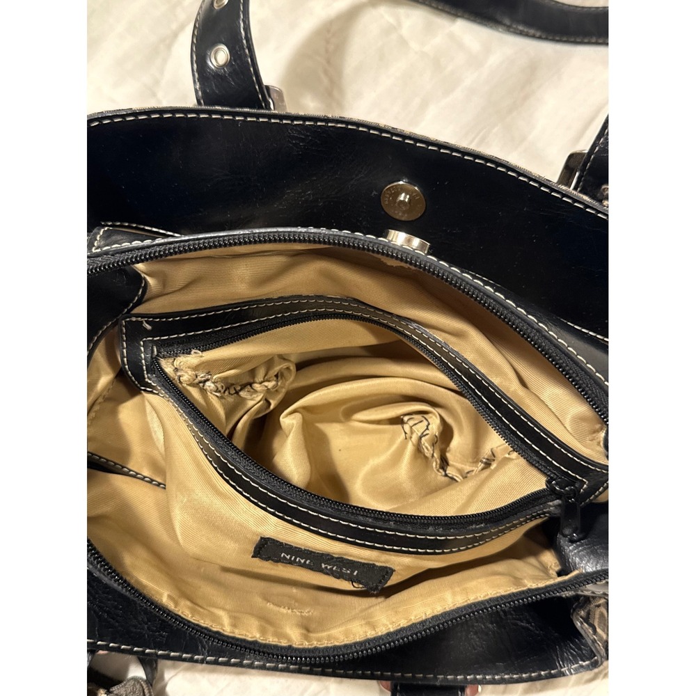 Nine West Geometric Print Satchel Shoulder Bag Black Tan with Coin Pouch Large - Picture 11 of 16
